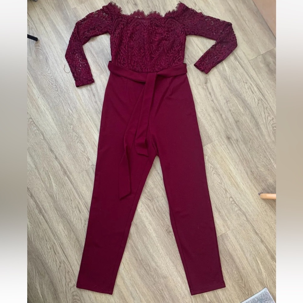 SHEIN Off Shoulder Lace Bodice Black Jumpsuit Size S 8 Burgundy - Picture 1 of 5